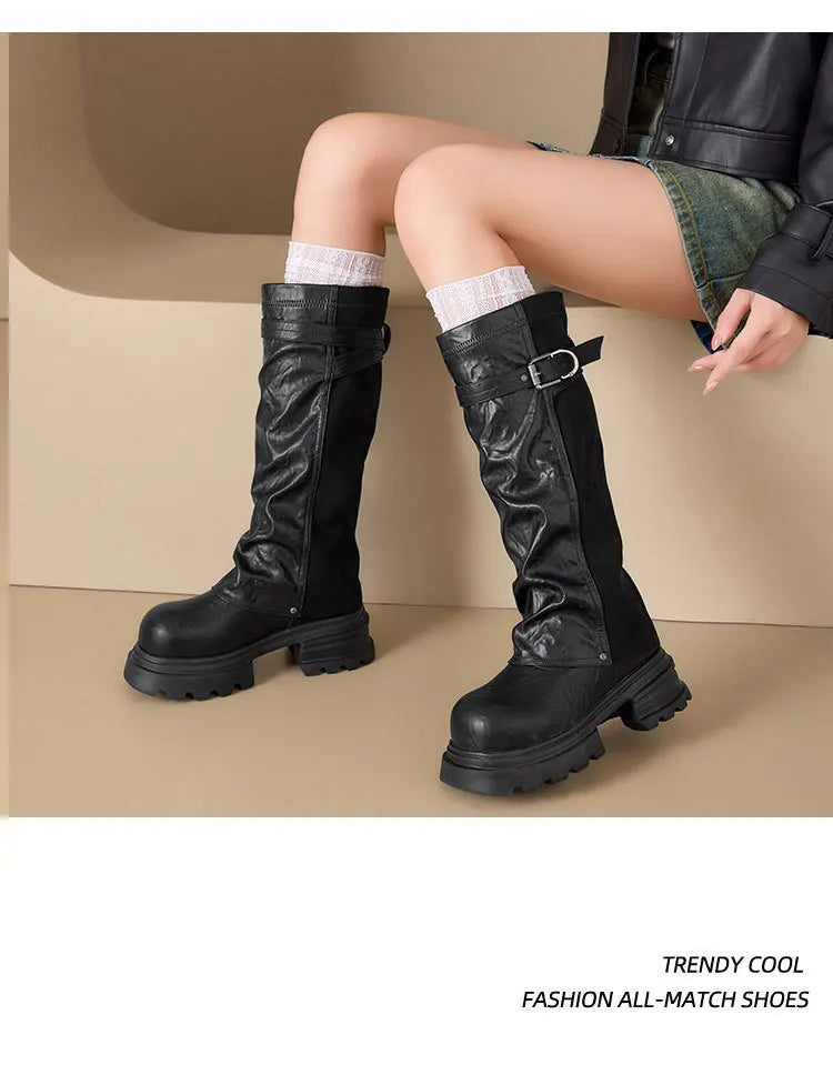 Fujin 8cm Knee High Boots Sexy for Women Platform Heel Motorcycle Booties Punk Genuine Leather Autumn Comfortable Chunky Shoes