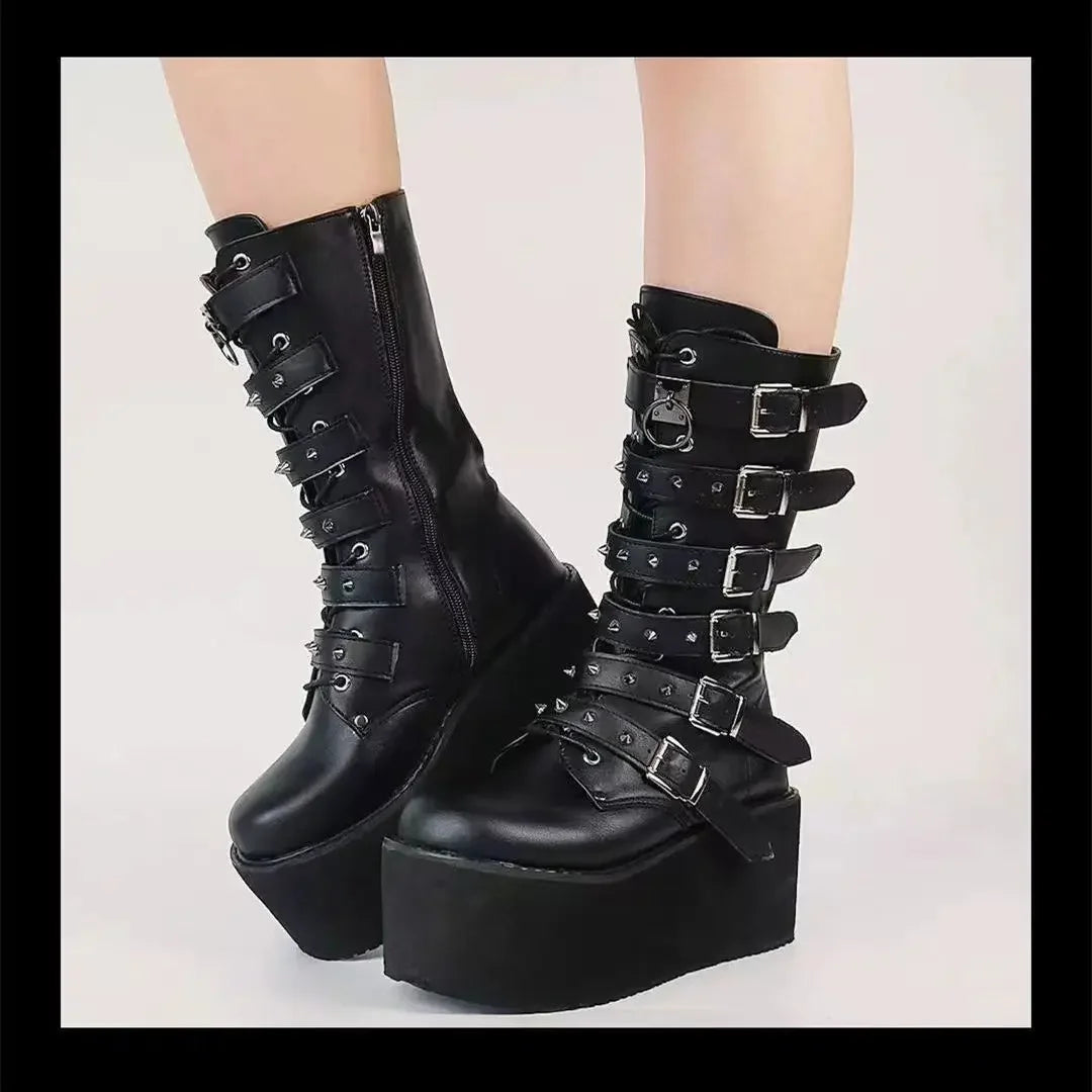 Brand Fashion Gothic Boots for Women Street Woman Boots Wedges Buckles Glittered Black Chunky Platform Motorcycles Boots Women