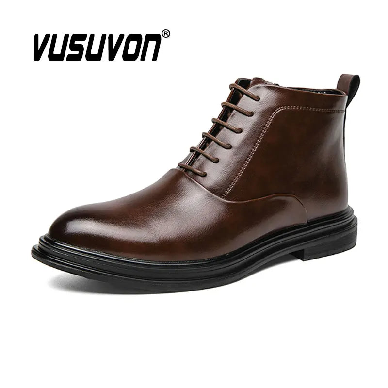 Italian Leather Men Zip Lace-Up Boots Casual Shoes Motorcycle Boots Black Winter High Quality Booties Botas Masculinas 38-46