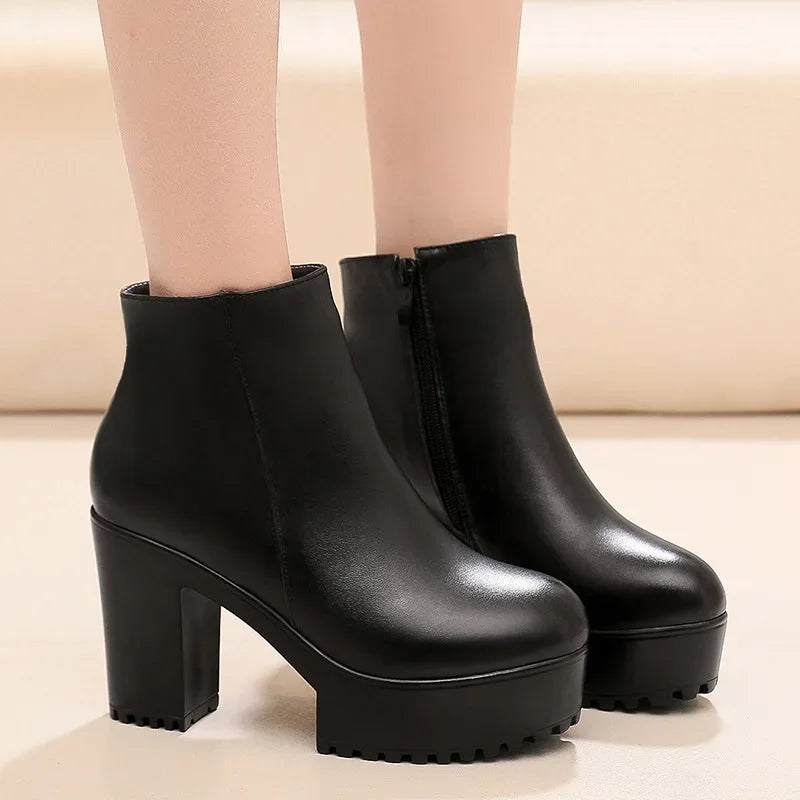 8cm 10cm Small Size 33-43 Thick Bottom Platform Shoes Ankle Boots with Fur 2024 Block High Heels Genuine Leather Boots Office