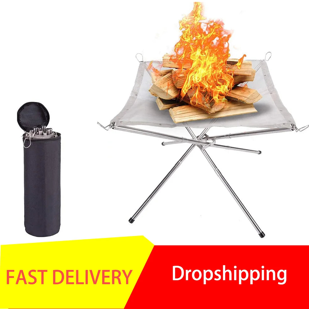 Outdoor Fire Pit Burning Rack Camping Stainless Steel Mesh Fireplace Foldable Stove BBQ Grill Patio With Replace Grilled Net