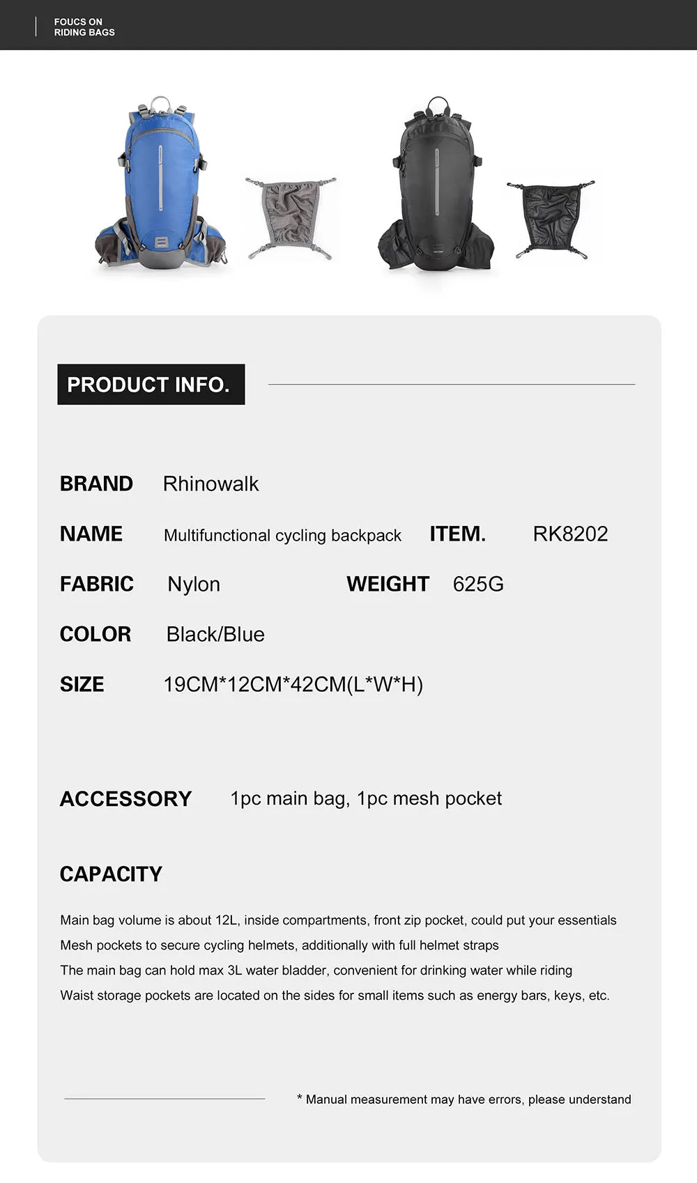 Rhinowalk Climbing Backpack 12L Cycling Backpack Outdoor Sports Bag Travel Backpack Camping Hiking Backpack WIthi Water Bag