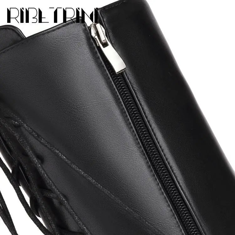 Cool Women Motorcycle Boots High Heeled Knee High Sassy Platform Shoes Lace Up Zip Luxury Designer Brand Winter Street Booties
