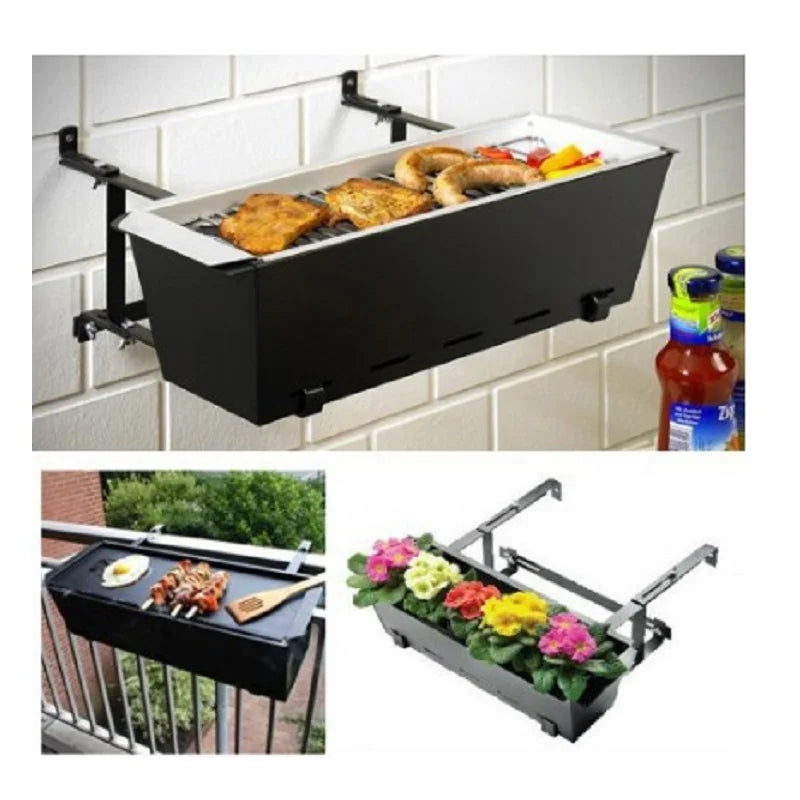 Stainless Steel Hanging BBQ Grill - Balcony Charcoal Barbecue Grill with Flower Pot Design for Outdoor Small Space Cooking