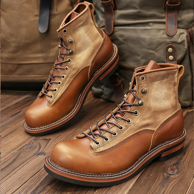 Retro Mens Motorcycle Boots Genuine Cowhide Leather Motorbike Riding Boots Vintage Hight-Top Moto Boots Motocross Ankle Shoes
