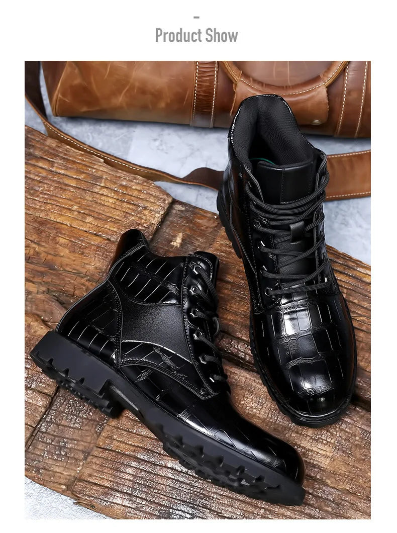 Size 38-48 Classic Design New Men's Ankle Boots Handsome Thick Sole Patent Leather Crocodile Lines Men's Short Motorcycle Boots