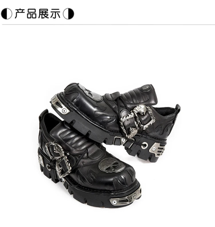 New Men's Gothic Skull Boots Black Women Shoes Designer Punk Metal Platform Walking Sneakers Skeleton Metal Buckles Ankle Boots