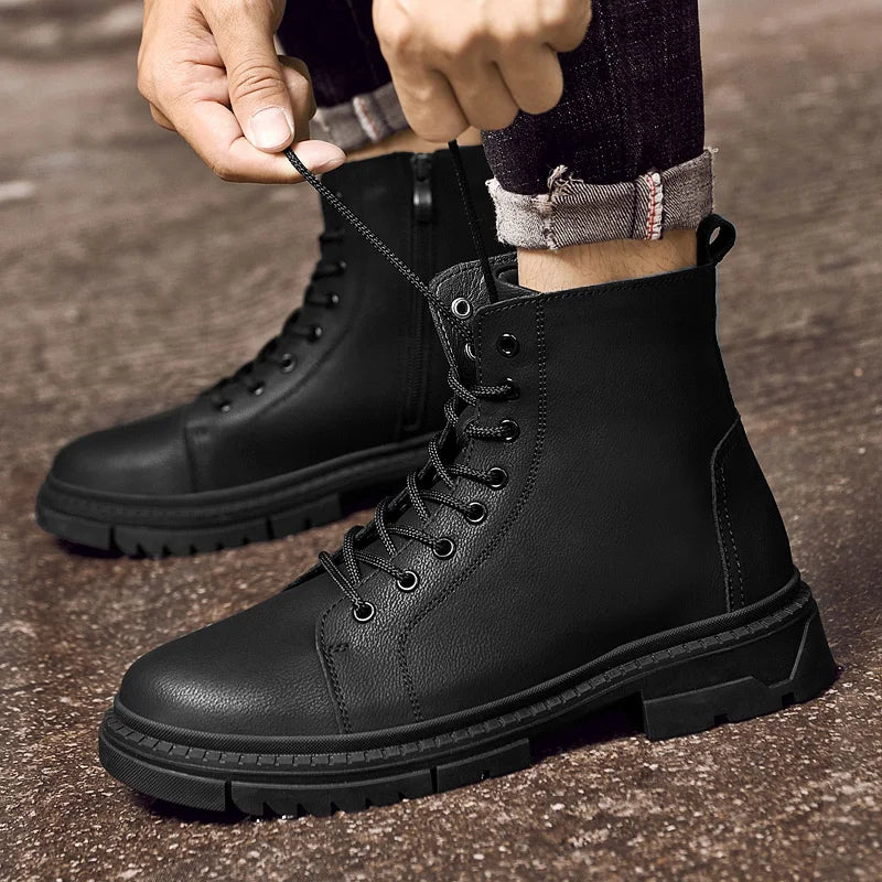 Men's Lace Up Walking Flat Bottom Short Boots Men's Chelsea Boots High-quality Brand Motorcycle Boots New High Top Casual Shoes