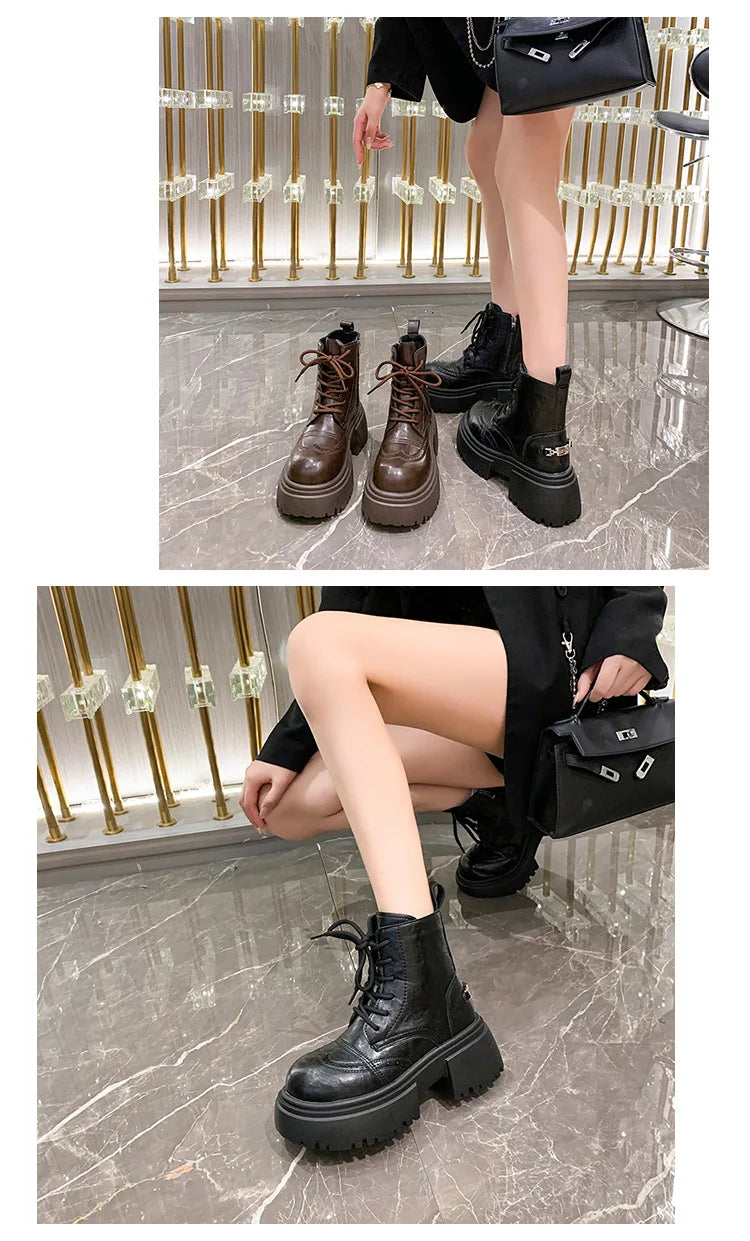 Boots Woman 2025 Trend Female Shoes Winter New British platform Lace up zipper ankle boots Plush Flat Heel Motorcycle boots
