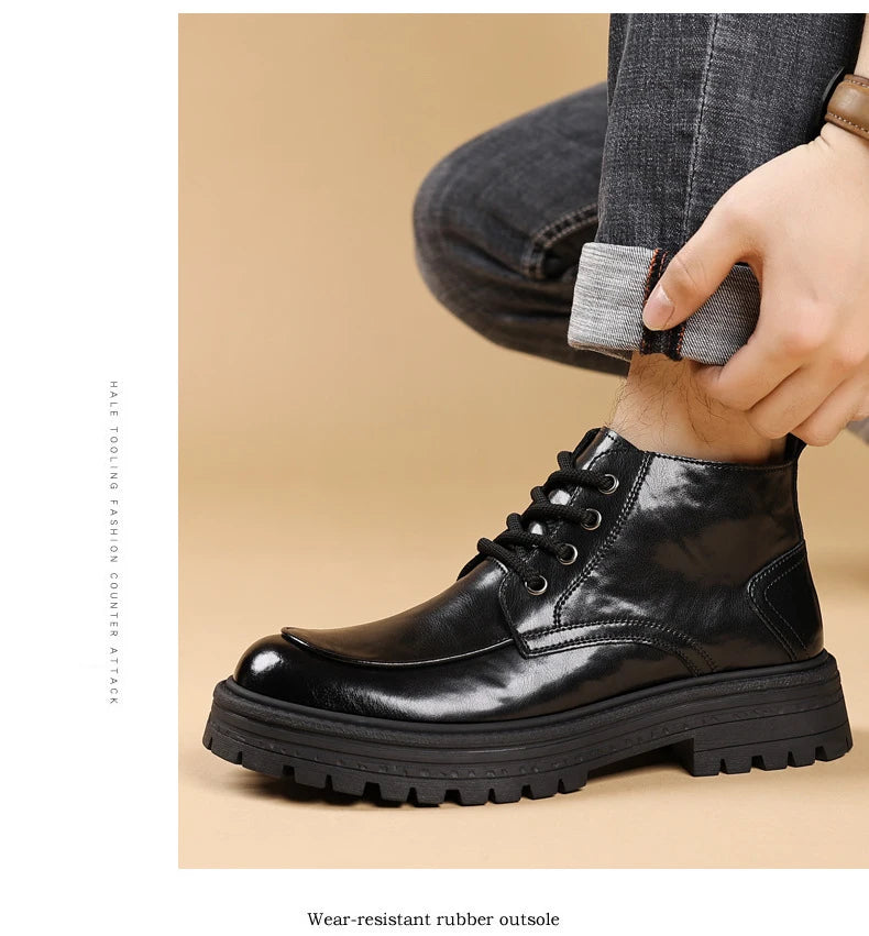 Outdoor Men High Top Leather Shoes Classic Black Leather Boots Motorcycle Breathable Riding Mid-calf Ankle Boots Warm Work Shoes