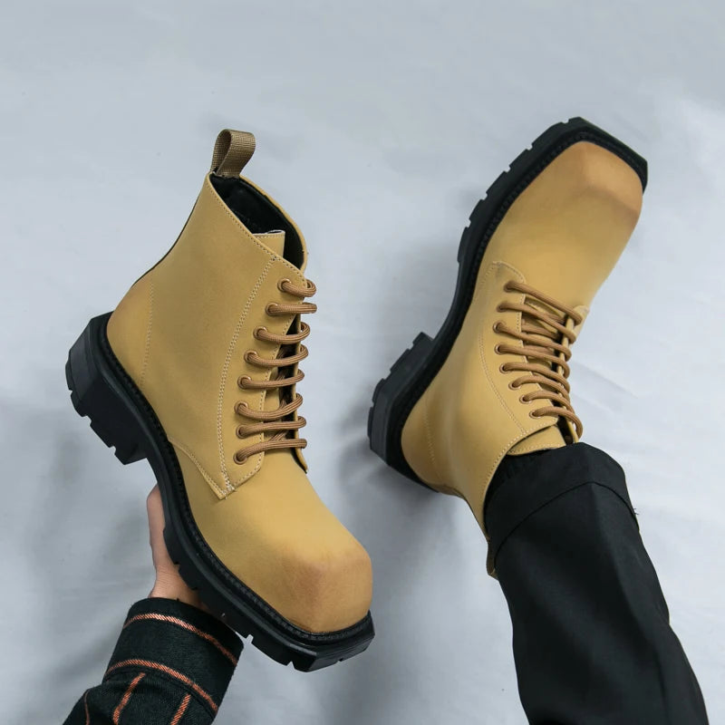 Large Men's Autumn High Top Casual British Motorcycle Shoes, Retro Trendy Brand Height Increasing Big Head Leather Boots