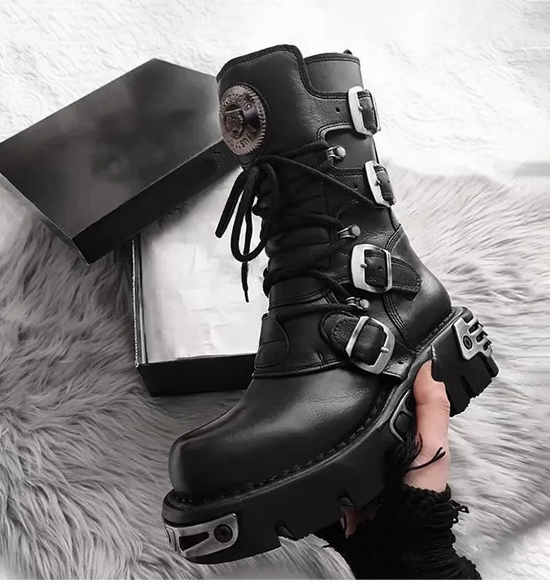 Unisex Genuine Leather Motorcycle Boots Skull Gothic Punk Cowboy Boots Women Men Metal Decoration Platform Combat Mid-calf Boots