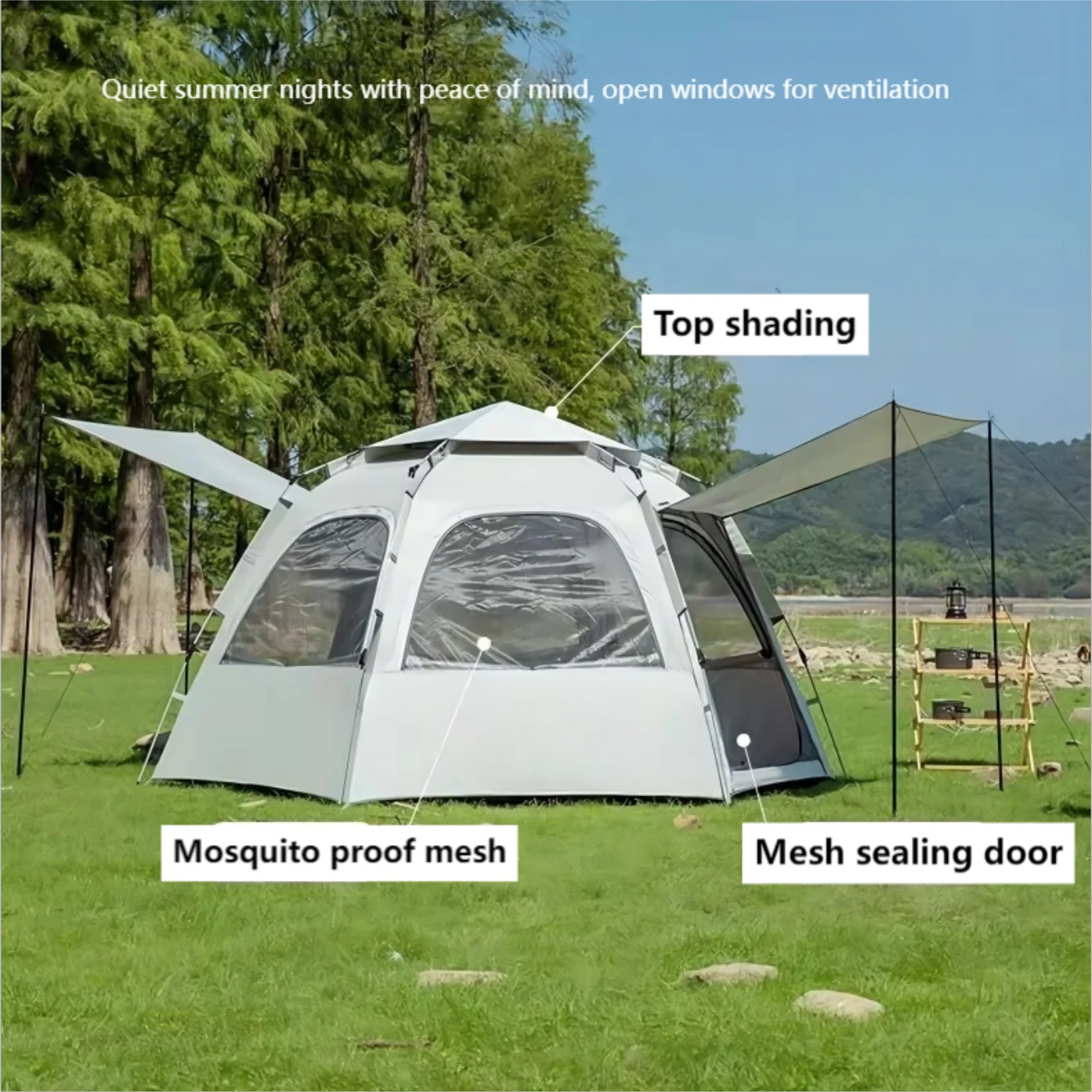 Pop up tents for camping waterproof Portable Windproof tents for camping 4 person family tent with Skylight, Upgraded Large Size