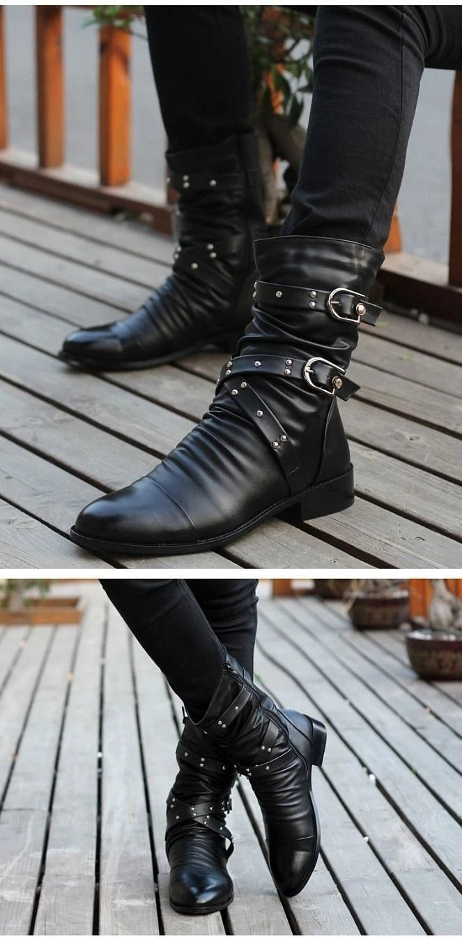 Winter Pointed Toe Men's Mid-calf Boots Buckle Strap Chelsea Boot for Men Leather Mens Motorcycle Boots High Top Man Winter Shoe