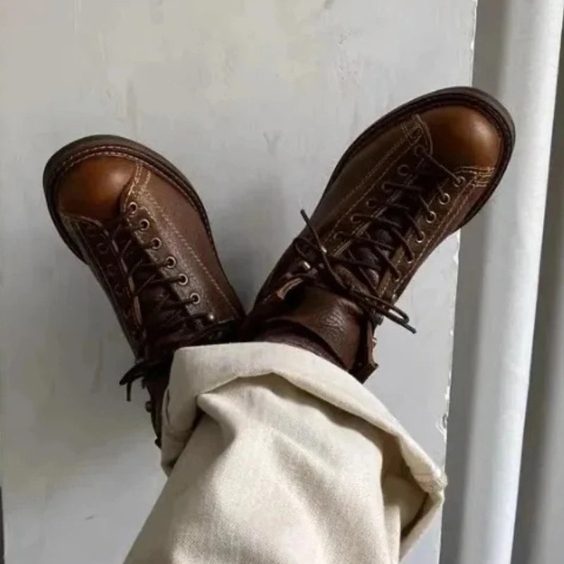 KOWM cowhide Hiking shoes men's trekking boot British ankle casual sneakers trekking shoes thick soled high top motorcycle boots