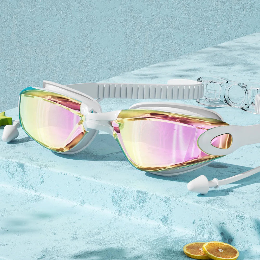 Professional Swimming Goggles with Earplugs Adult Anti-fog UV Protection Lens Men Women Waterproof Adjustable Silicone Glasses