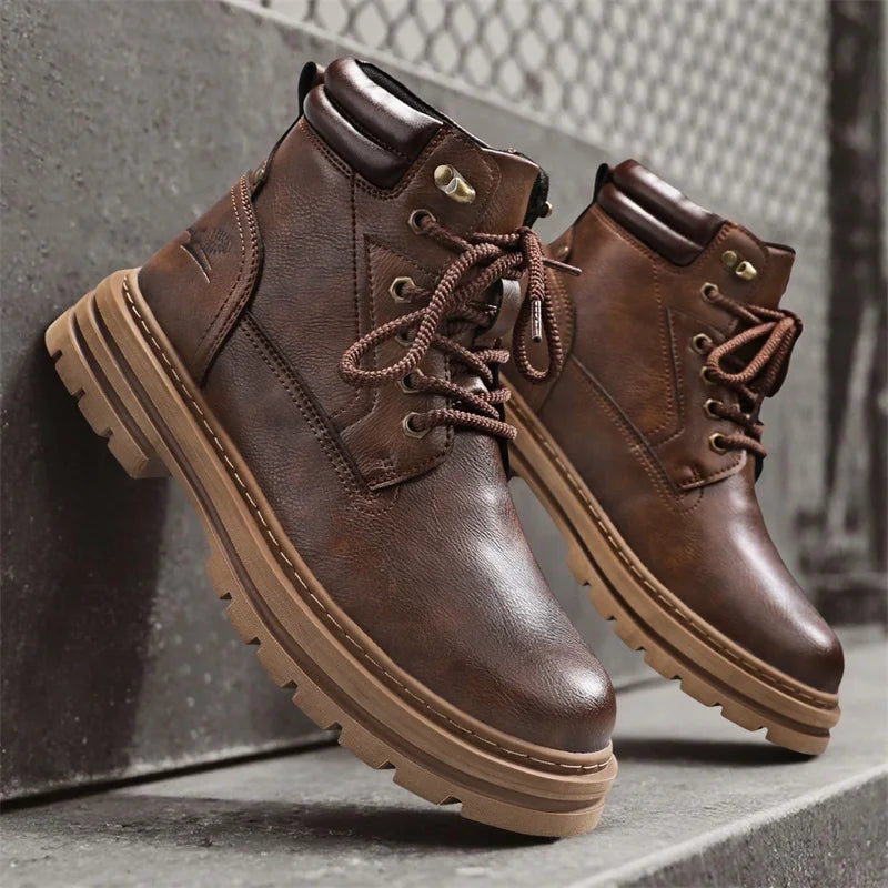 New Autumn Winter Men High Top Shoes Fashion Motorcycle Boots Outdoor Leisure Ankle Boots Comfortable Man Lace-Up Botas Sneakers