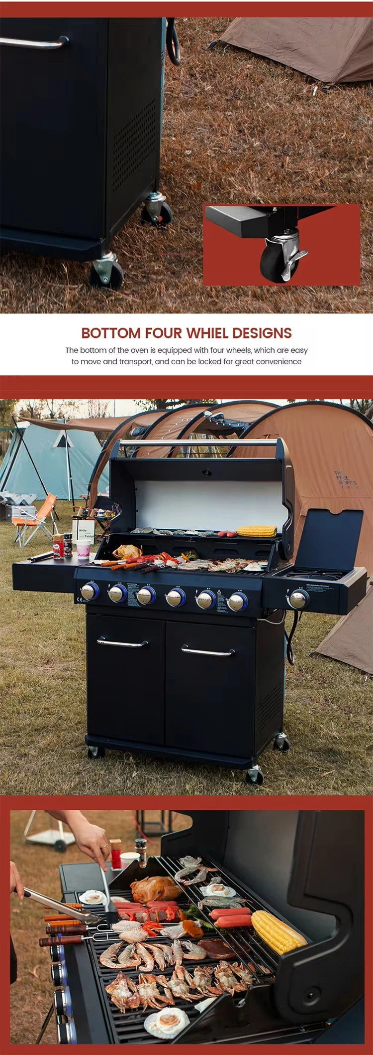 Trolley BBQ Stove  Outdoor Propane Gas BBQ Grill Commercial Gas Barbecue Restaurant  Smokeless 6 burner  BBQ Grills