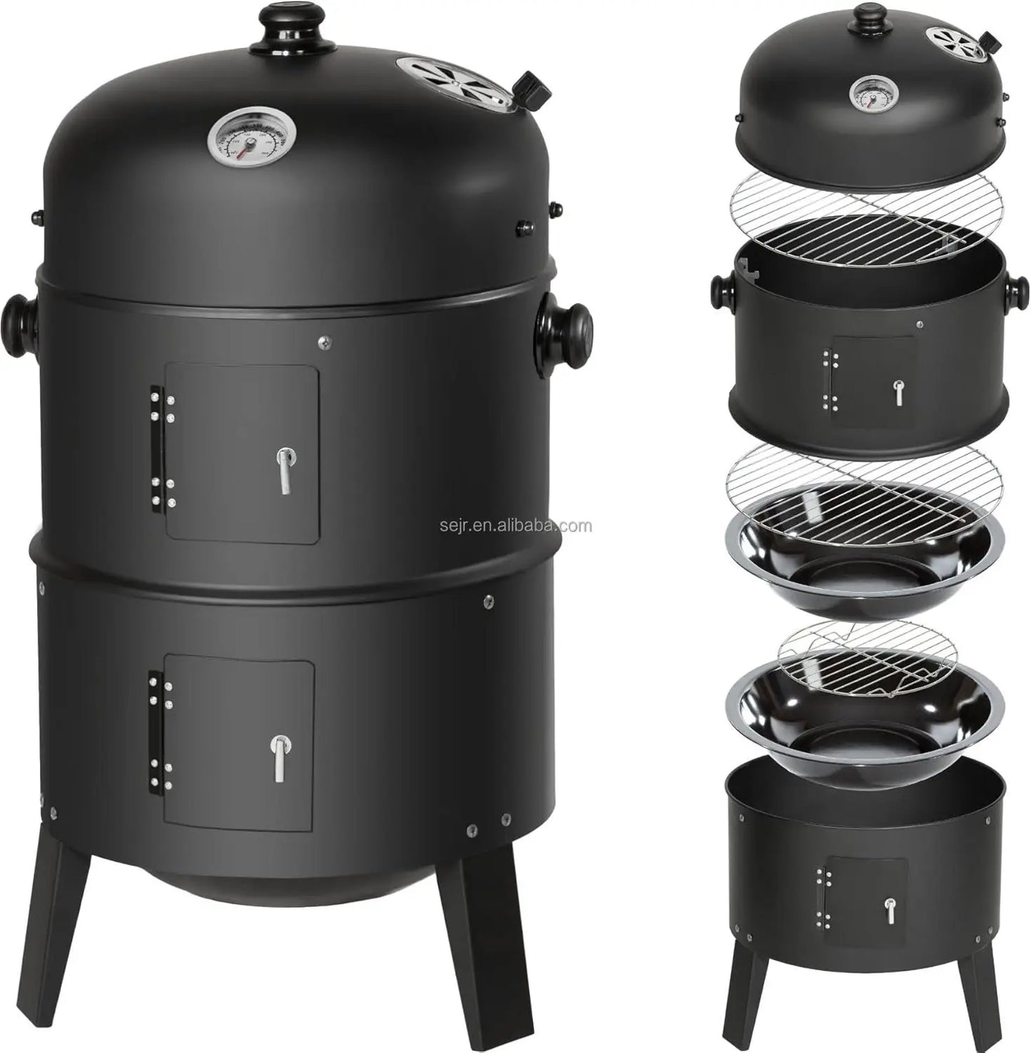 3 in 1 Outdoor BBQ Charcoal Grill, Barbecue, Smoker with Thermometer