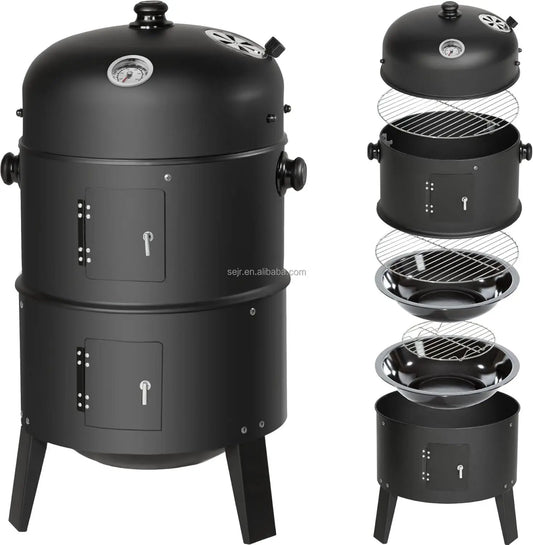 3 in 1 Outdoor BBQ Charcoal Grill, Barbecue, Smoker with Thermometer
