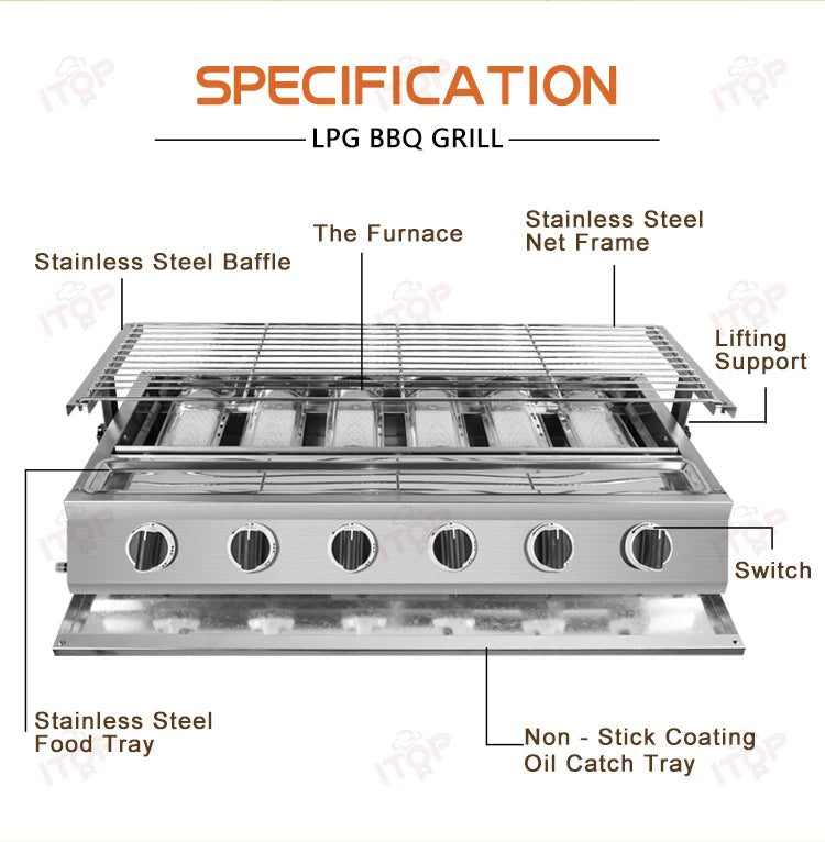 Commercial Stainless Steel Propane Gas BBQ Grill for Outdoor Street Stall Roasting Fish and Oysters