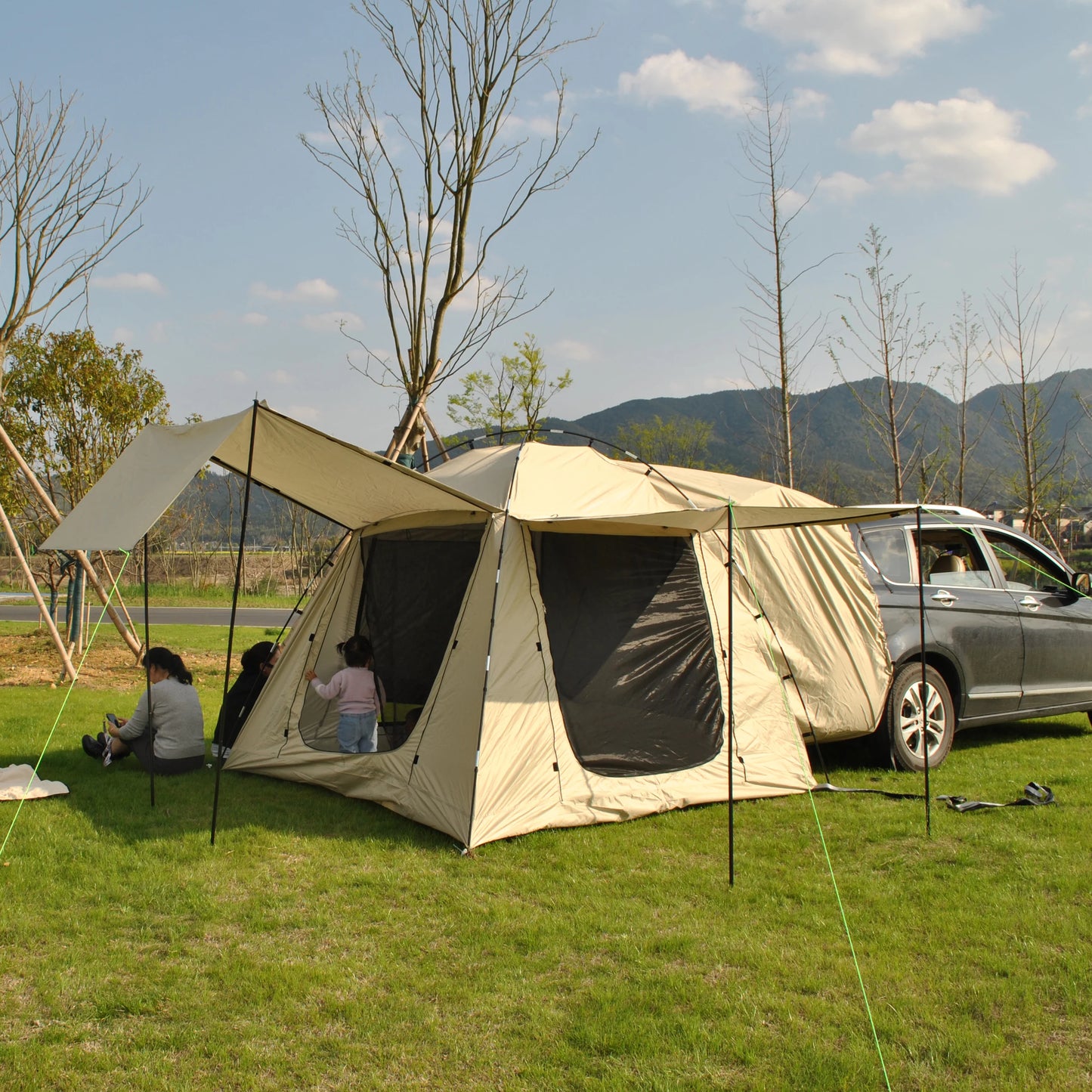 Car Rear Tent with Large Awning, Rear Tailgate Tents with Floor, 4 Person Family Camping, PU4000 Waterproof Fabric