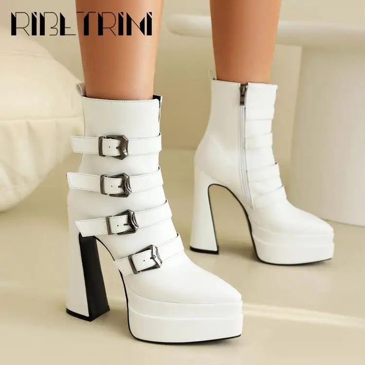 Platform Women Boots Pounted Toe High Heeled Double Platform Shoes Ankle Buckle Punk Goth Cool Fashion Brand Winter Boots Woman