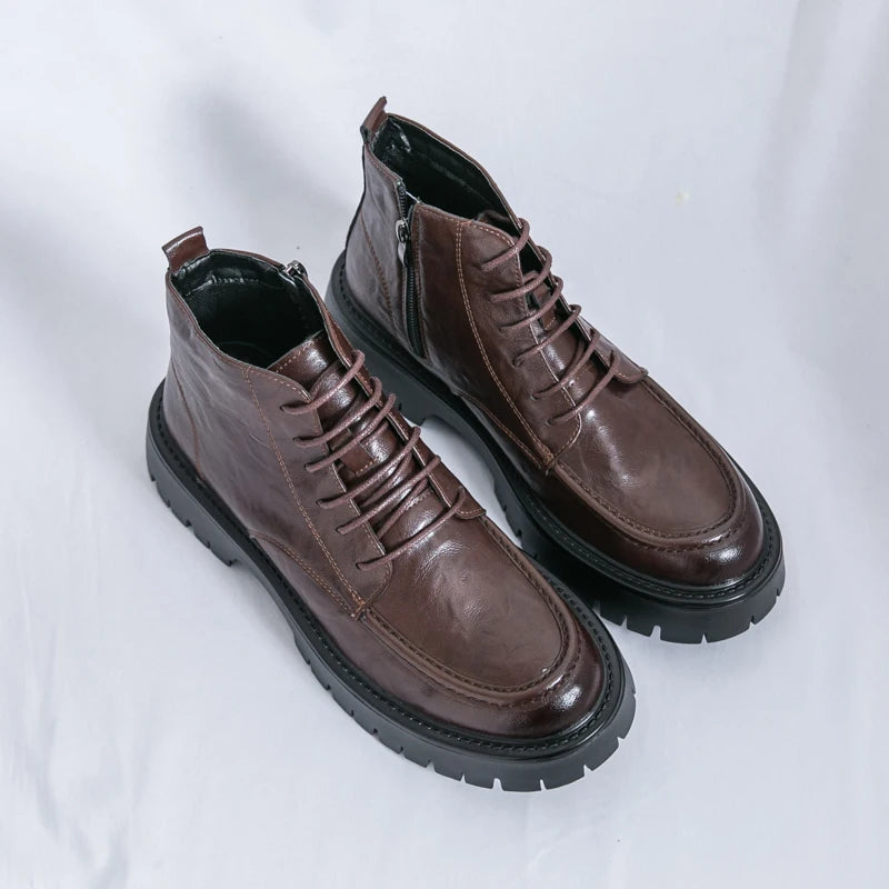 Fashion Men's Genuine Leather Casual Shoes Classic Outdoor Workwear Shoes Men's Motorcycle Boots Handsome Height Increasing