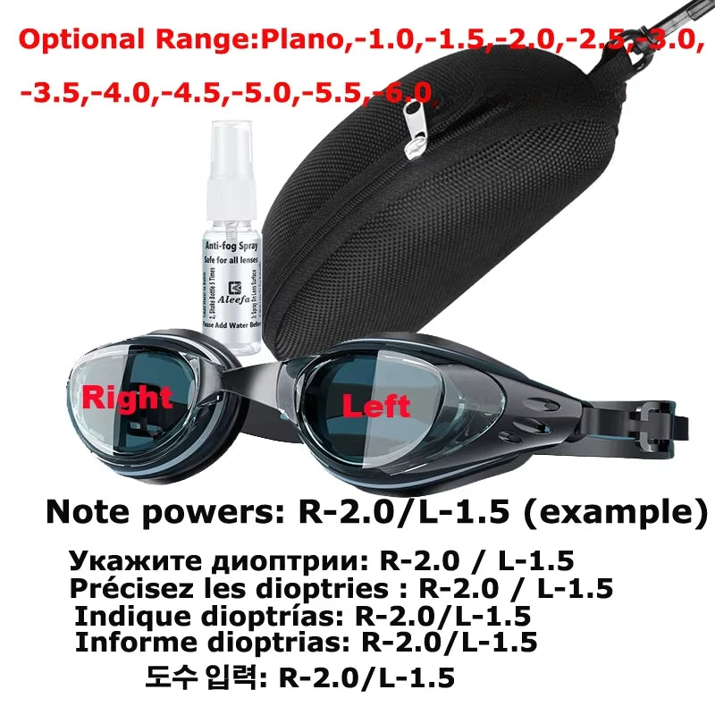 Custom Myopia Prescription Swim Goggles for Adult Kids, Anti-Fog,Left/Right Different  Power (-6.0 to Plano),  Adjustable Strap