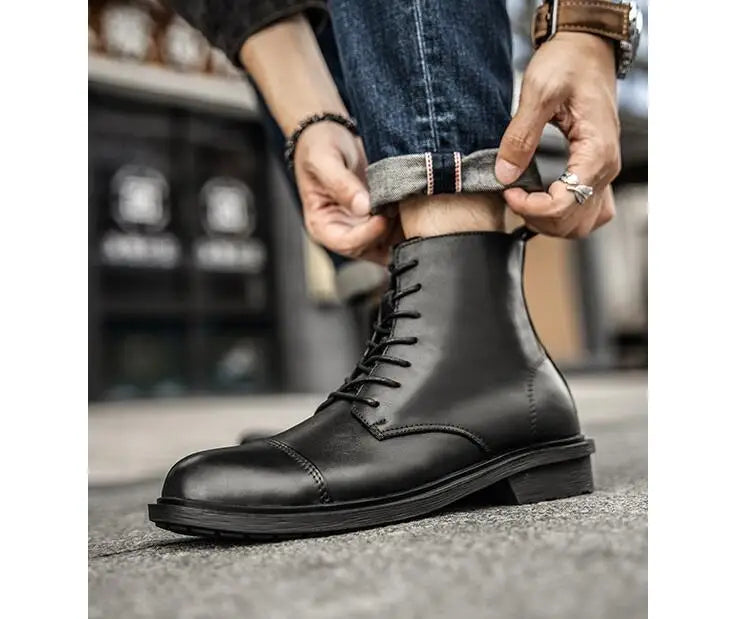 A047 New Men's Boots British High Calf Man Shoes Fashion Round Toe Ankle Boots Comfort Flats Shoes Leather Motorbike Shoe