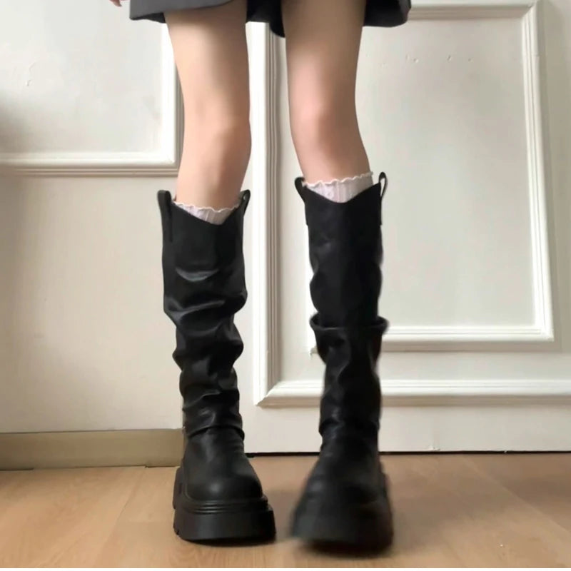 Size 35-42 Big Round Toe Punk Block Heel Motorcycle Boots Platform Lace-Up Mid Calf Work Boots Cool Fashion Boot