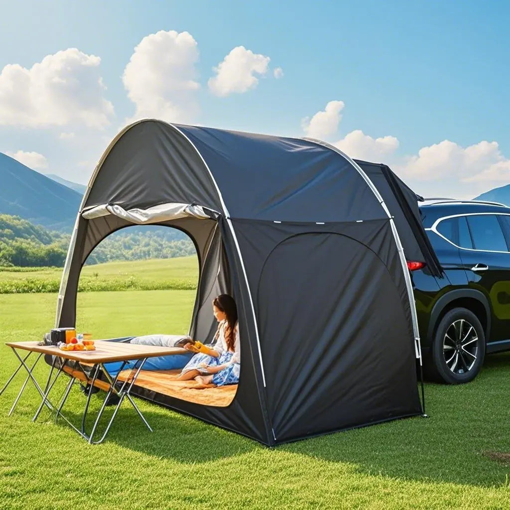 SUV Camping Tents Car Tent with Porch Vestibule Awning Shelter, 4 Person SUV Tent for Car Camping Universal Fits All SUVs Vans
