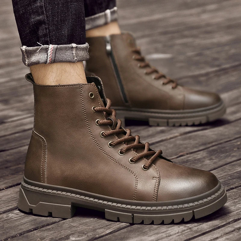 Men's Lace Up Walking Flat Bottom Short Boots Men's Chelsea Boots High-quality Brand Motorcycle Boots New High Top Casual Shoes