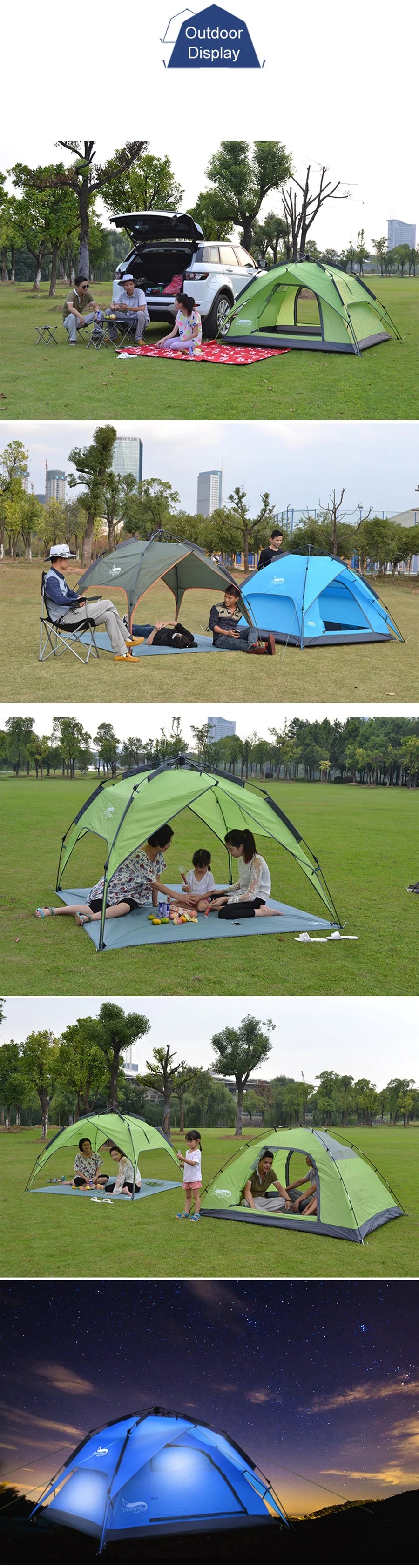 Desert Fox Family Camping Tent 3 Person Outdoor Automatic Tents Instant Set-up Pop-up 2/3 Ways Use Tent for Beach Hiking Travel