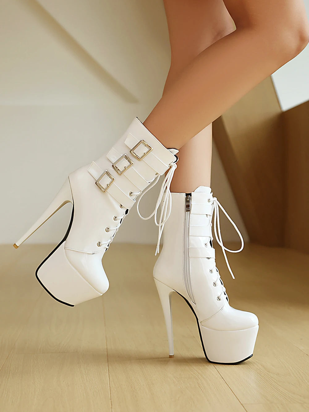 INS Style 15CM Extreme High Heels Platform Boots Lace Up Sexy Pole Dancing Ankle Boots Side Zip Gold Silver  Shoes Fast Shipping