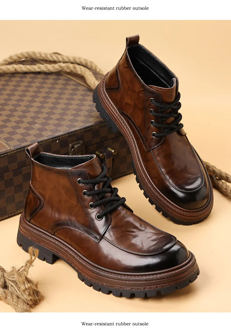 Outdoor Men High Top Leather Shoes Classic Black Leather Boots Motorcycle Breathable Riding Mid-calf Ankle Boots Warm Work Shoes