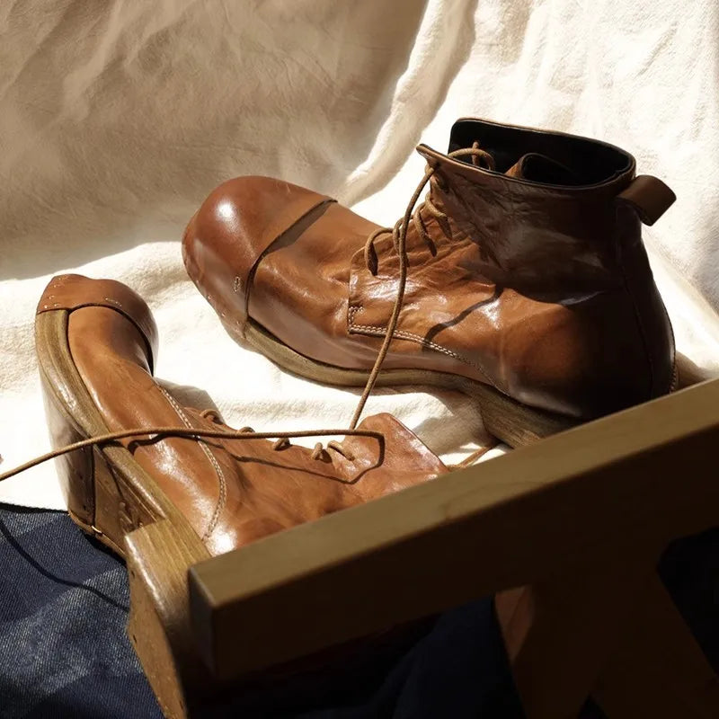 Retro Horsehide Genuine Leather Mens Boots Handmade Lace Up High Top Work Cargo Shoes High Quality Motorcycle Short Boots Male
