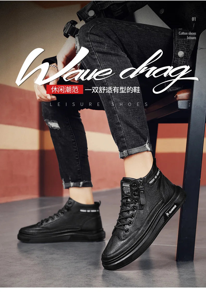 Leather Boots for Men Zipper Man Sneakers Fashion Ankle Boots High Top Man Boots Solid Sports Shoes 2024 Trend Motorcycle Boot