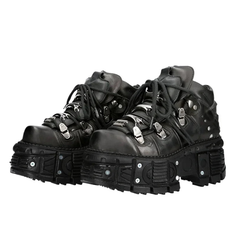 Retro Men's Motorcycle Boots Fashion Punk Rock Round Toe Leather Shoes Platform Metal Decoration Design Y2k Gothic Skull Boots