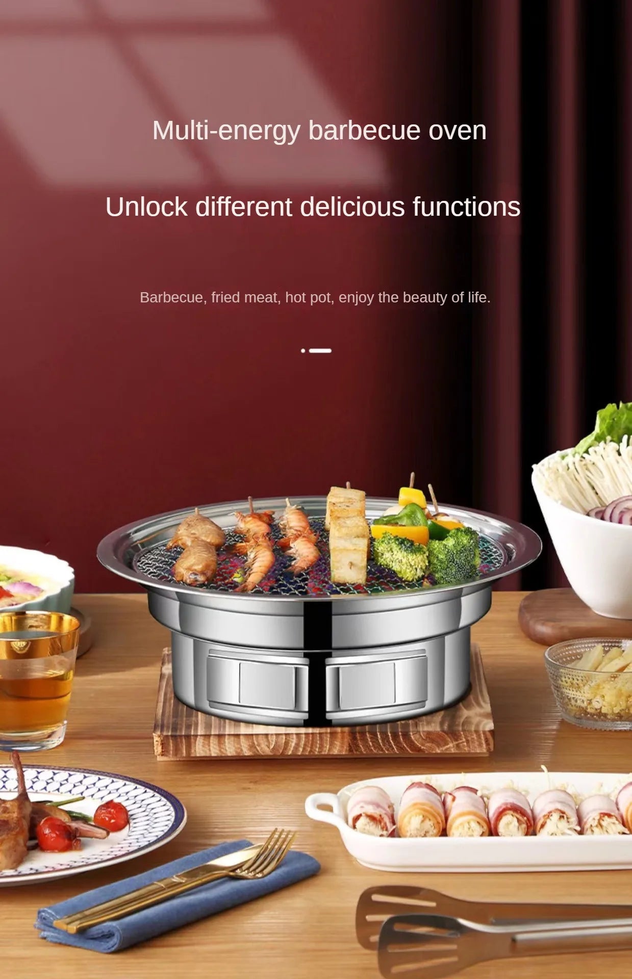 Stainless Steel Korean Barbecue Grill Round Household Commercial Camping Party Charcoal Grill Portable Charcoal Barbecue Grill