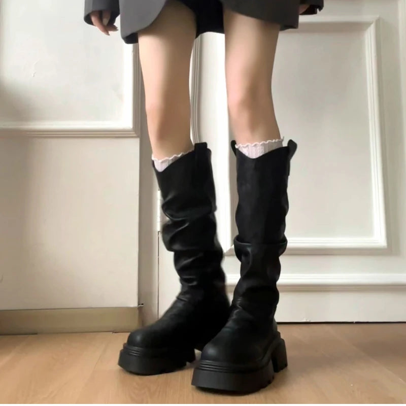 Size 35-42 Big Round Toe Punk Block Heel Motorcycle Boots Platform Lace-Up Mid Calf Work Boots Cool Fashion Boot