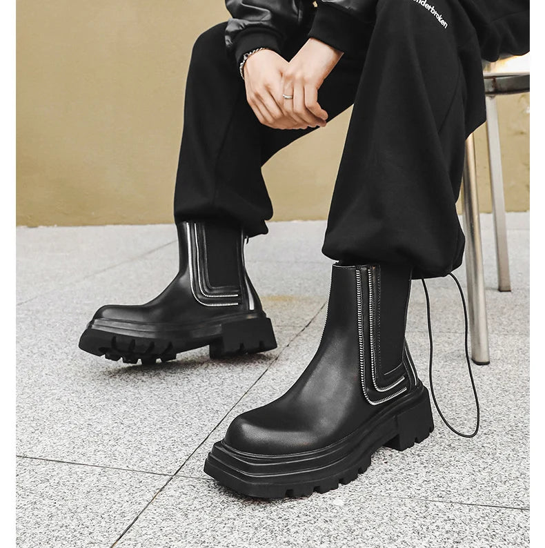men's fashion punk rock high chelsea boots designer platform shoes cowboy original leather boot square toe long motorcycle botas