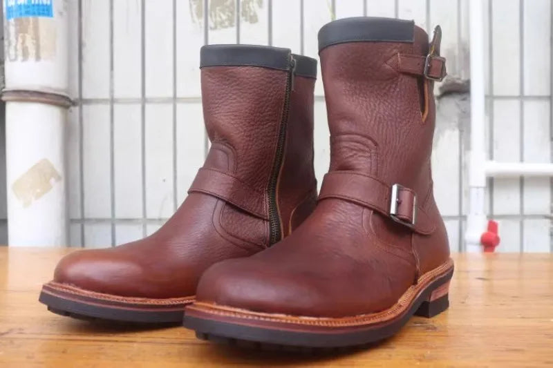 Vintage Mens Cowhide Genuine Leather High Top Engineer Boots Buckle Round Toe Motorcycle Riding Boots Zipper Work Safety Shoes