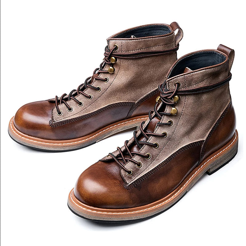 Retro Leather Men Motorcycle Boots High Top Motorbike Riding Boots Fashion Comfortable Ankle Boots Trekking Outdoor Shoes Brown
