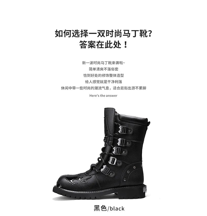 Men Motorcycle Boots Fashion Mid-Calf Punk Rock Punk PU Leather Black High Top Mens Casual Boot Steel Toe Shoes Big Size 38-46