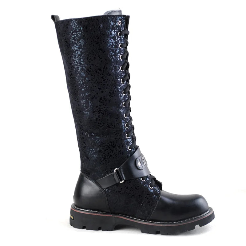 Men Motorcycle Boots  Knee High Boots Low Heels Knight Shoe man Vintage Boots male zapatos,Combat Boots Gothic Skull Punk Boots