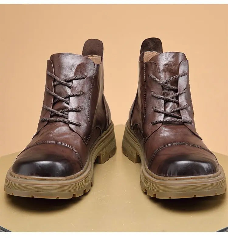 Motorcycle Boot British Style High-top Lace-up Ankle Boots Autumn Winter New Luxury Men's Genuine Leather Designer Shoes