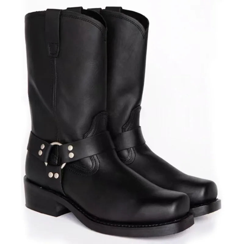 Vintage Men's Cowboy Boots Belt Buckle Ring High Top Motorcycle Boots Men Shoes Fashion Square Toe Warm Boots