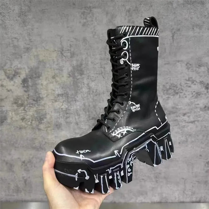 Thick Bottom Man High Top Boot Fashion Men Lace Up Black Boots