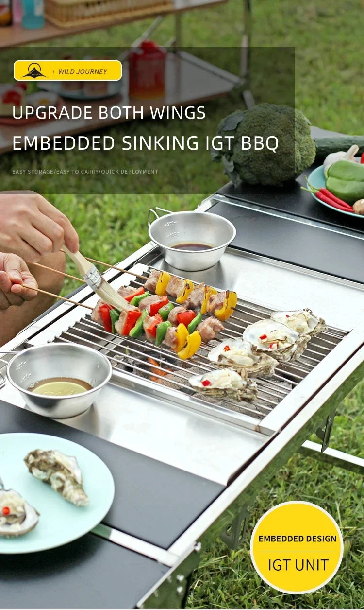 IGT Outdoor Stainless Steel Folding Barbecue Charcoal Grills Portable Camping Small Barbecue Oven Wild Journey